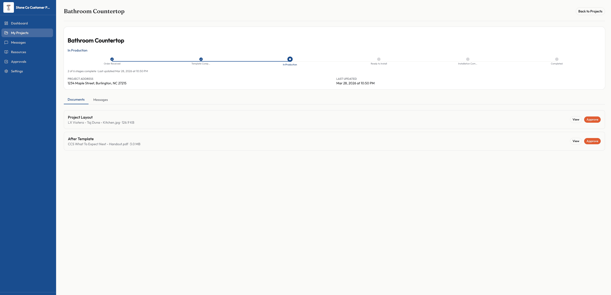 FabTrack customer portal showing real-time project status
